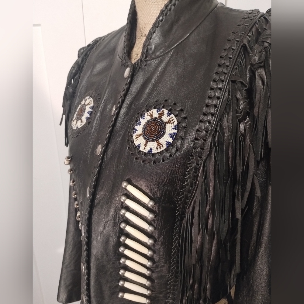 Vintage Leather Fringe Beaded Hot Leathers Leather Jacket Women's Size M - Picture 2 of 5